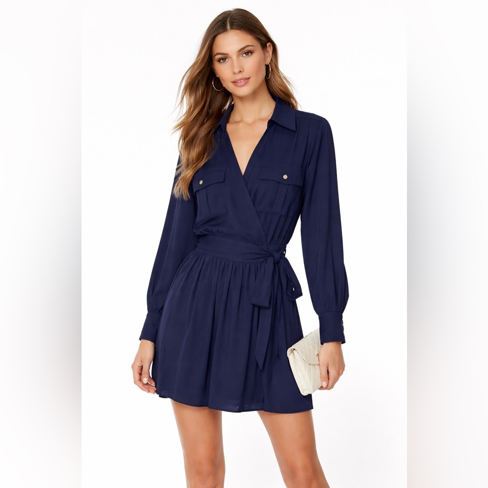Ramy Brook Navy Wrap Dress XXS‎ Long Sleeve Button Pocket Mini Dress adjustable